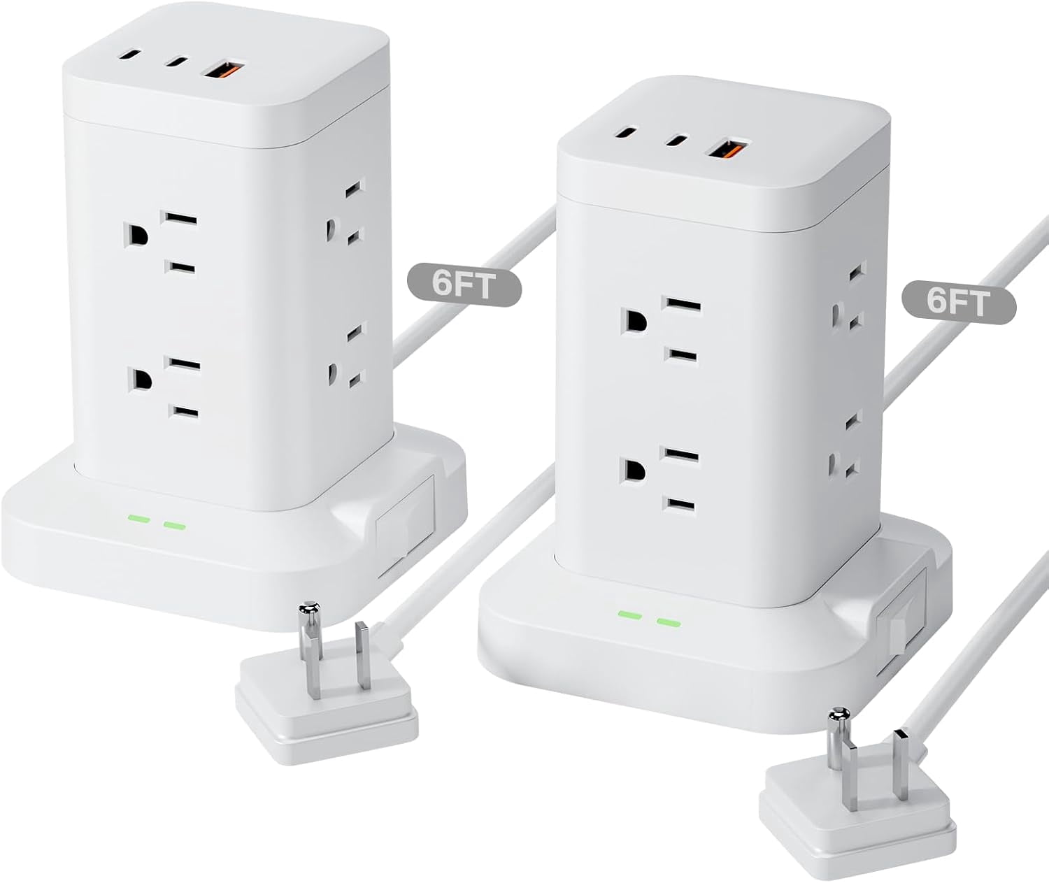 2Pack Tower with Surge Protector 1800J, Fast Charging Tower PD20W USB-C Ports with 8 AC Outlets, 10ft Extension Cord for Home Office Dorm Room, White