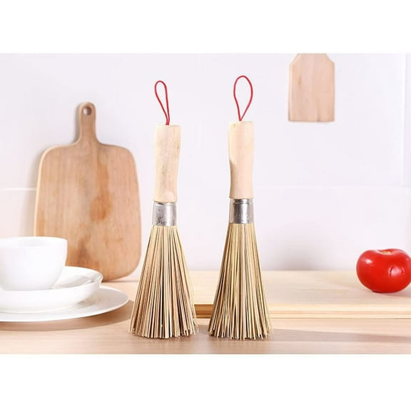 2Pack Traditional Natural Bamboo Wok Brushes, Kitchen Cleaning Brush, Kitchen Pan Brush, for Cleaning Dishes, Cast Iron Pots, Pans, Vegetables and Sink