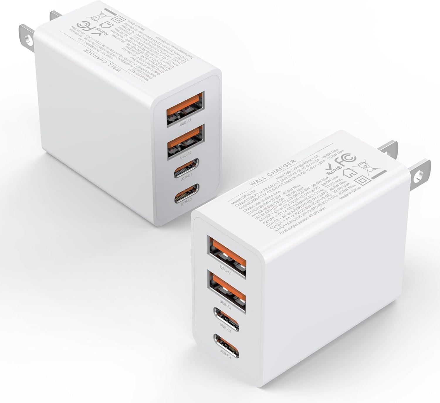 2Pack USB C Charger Block, 40W Fast USB C Wall Charger 4-Port PD Power Adapter + QC Wall Plug Multiport Type C Charging Block Cube Compatible with iPhone 16 15 14 Pro Max XR XS 8 7, iPad, Galaxy, Tab