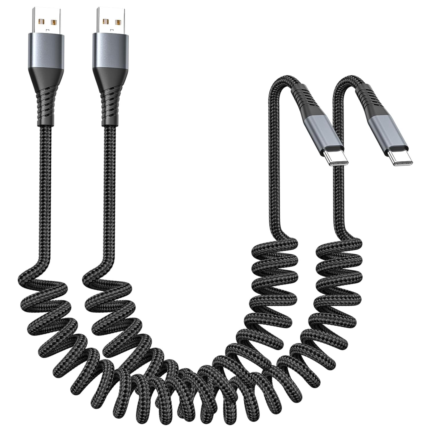2Pack USB C Charger for Car, Coiled USB A to USB-C Cable Retractable - 3A Fast Charging & Tangle-Free Braided Type-C Cord for iPhone 17/16/15 Series/Pixel/Moto/LG and More (Flexible 1-3Ft)