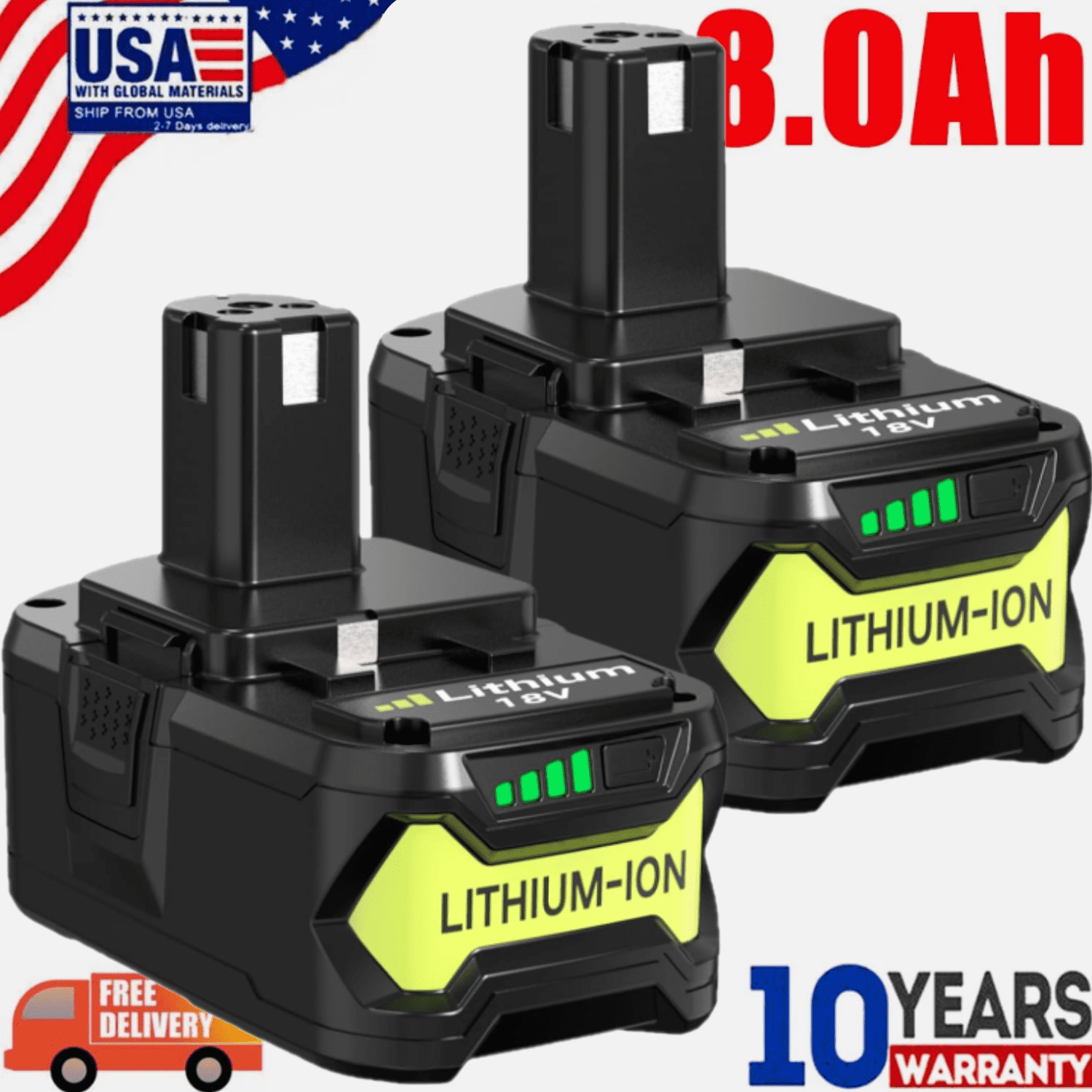 2Pack Replacement for Ryobi 18V 8.0Ah P108 High Capacity Battery 18Volt Lithium-ion One Plus