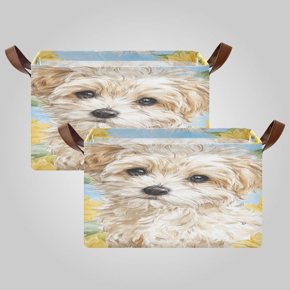 2Pack Waterproof Foldable Storage Basket Medium, Metal Frame & Hollow Board Support, for Clothes and Toy Organization Cute Cream-colored Maltipoo Puppy