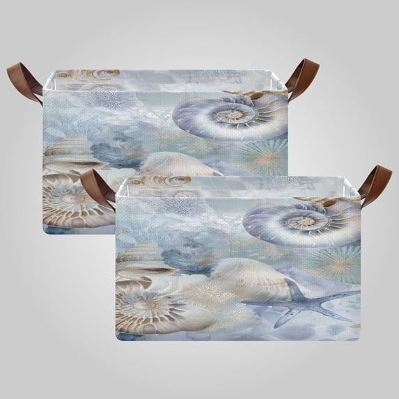 2Pack Waterproof Foldable Storage Basket Medium, Metal Frame & Hollow Board Support, for Clothes and Toy Organization Gilded Coastal Fossil Watercolor