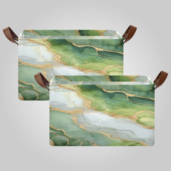 2Pack Waterproof Foldable Storage Basket Medium, Metal Frame & Hollow Board Support, for Clothes and Toy Organization Fresh Golden-green Marble