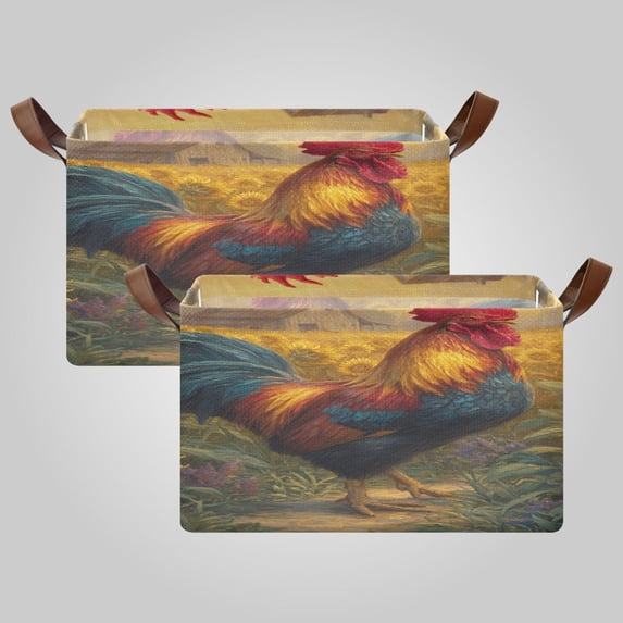 2Pack Waterproof Foldable Storage Basket Medium, Metal Frame & Hollow Board Support, for Clothes and Toy Organization Sunflower Farm's Rooster