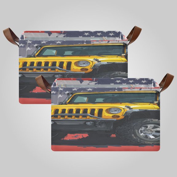 2Pack Waterproof Foldable Storage Basket Medium, Metal Frame & Hollow Board Support, for Clothes and Toy Organization Yellow Jeep Car Pattern