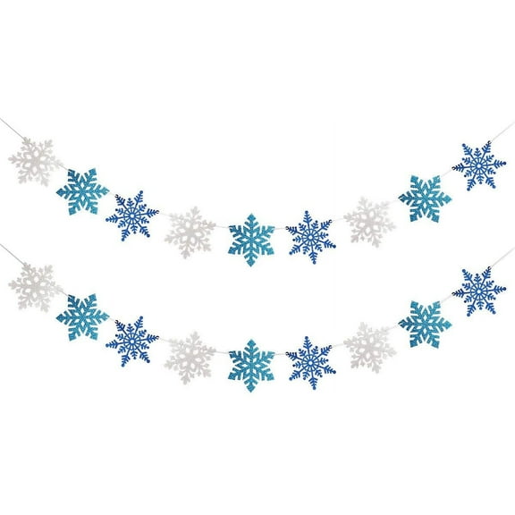 2Pack White and Blue Glitter Snowflake Banner Winter Wonderland Banner Decorations Snowflake Garland Decorations for Christmas Winter Wonderland Baby Shower Birthday Decorations