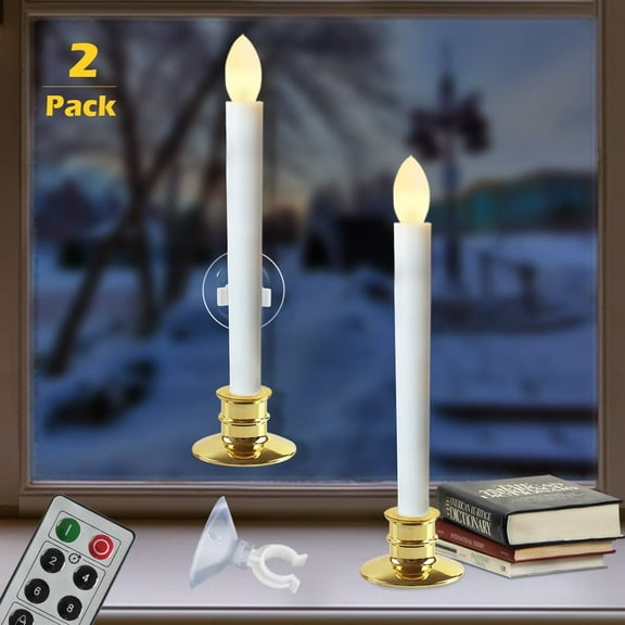 2Pack Window Candles, Flameless Taper Candles,Battery Operated Flickering LED Candles with Remote & Timer for Christmas and Wedding Decor
