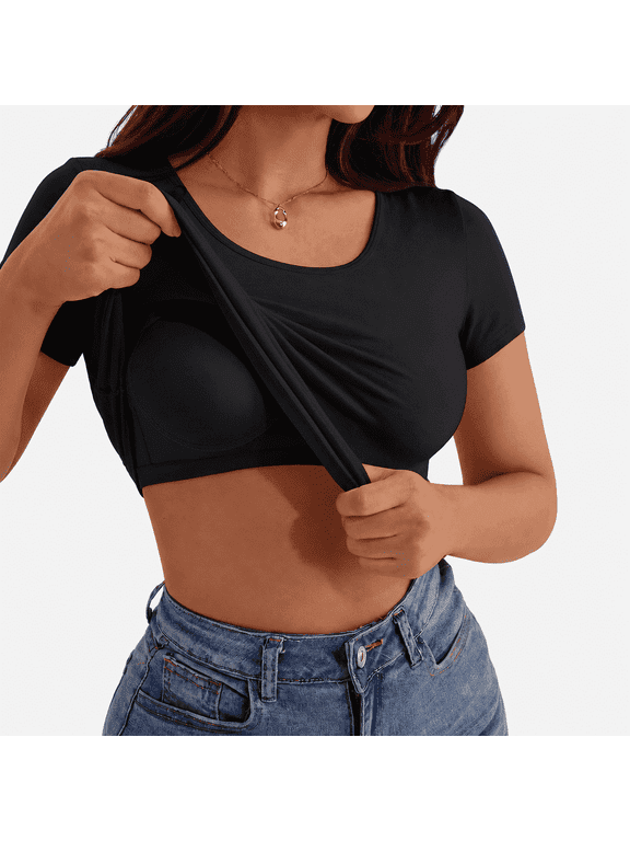 2Pack Women's Built-in Bra T-Shirt, Padded Wireless Shelf Bra Tee, Soft Breathable Skin-Friendly Short Sleeve Casual Tank Top for Everyday Wear
