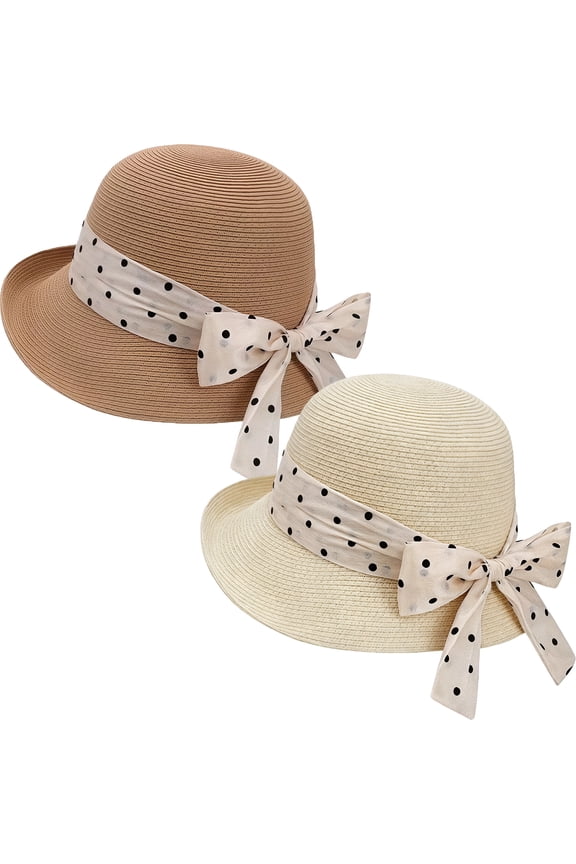 2Pack Women's Polka Dot Bow Straw Beach Sun Hat with UV Protection (UPF 50+) – Travel and Summer Sun Hat