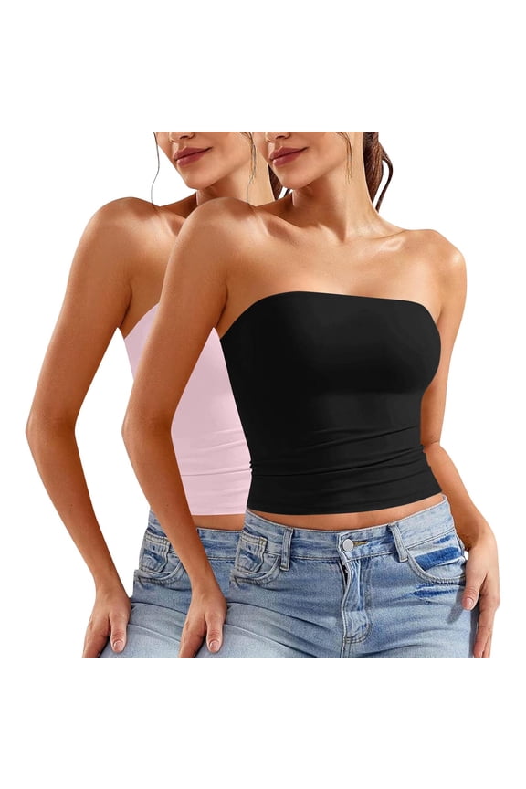 2Pack Womens Bandeau Bras Corset Sexy Hot Girl Strapless Crop Tank Tops Stretchy Comfy Seamless Bralettes Tube Top Pink&Black Medium