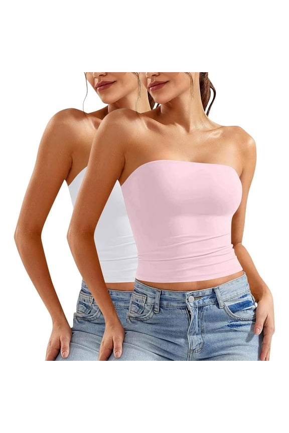 2Pack Womens Bandeau Bras Corset Sexy Hot Girl Strapless Crop Tank Tops Stretchy Comfy Seamless Bralettes Tube Top Pink&White Small