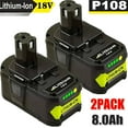 thumbnail image 1 of 2Pack for ryobi p108 18v high capacity 8.0Ah battery 18v lithium-ion one+ plus, 1 of 8