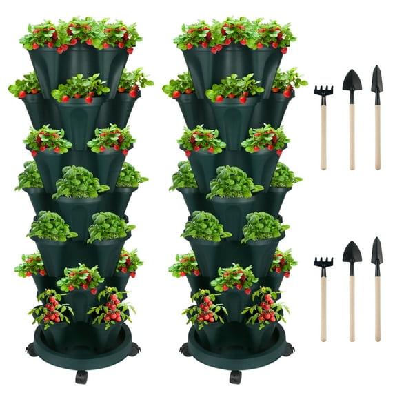 2Pack of 7 Tier Vertical Garden Planter, Self Watering Stackable Planters with Wheels for Strawberries, Herbs, Flowers, Vegetables, Green