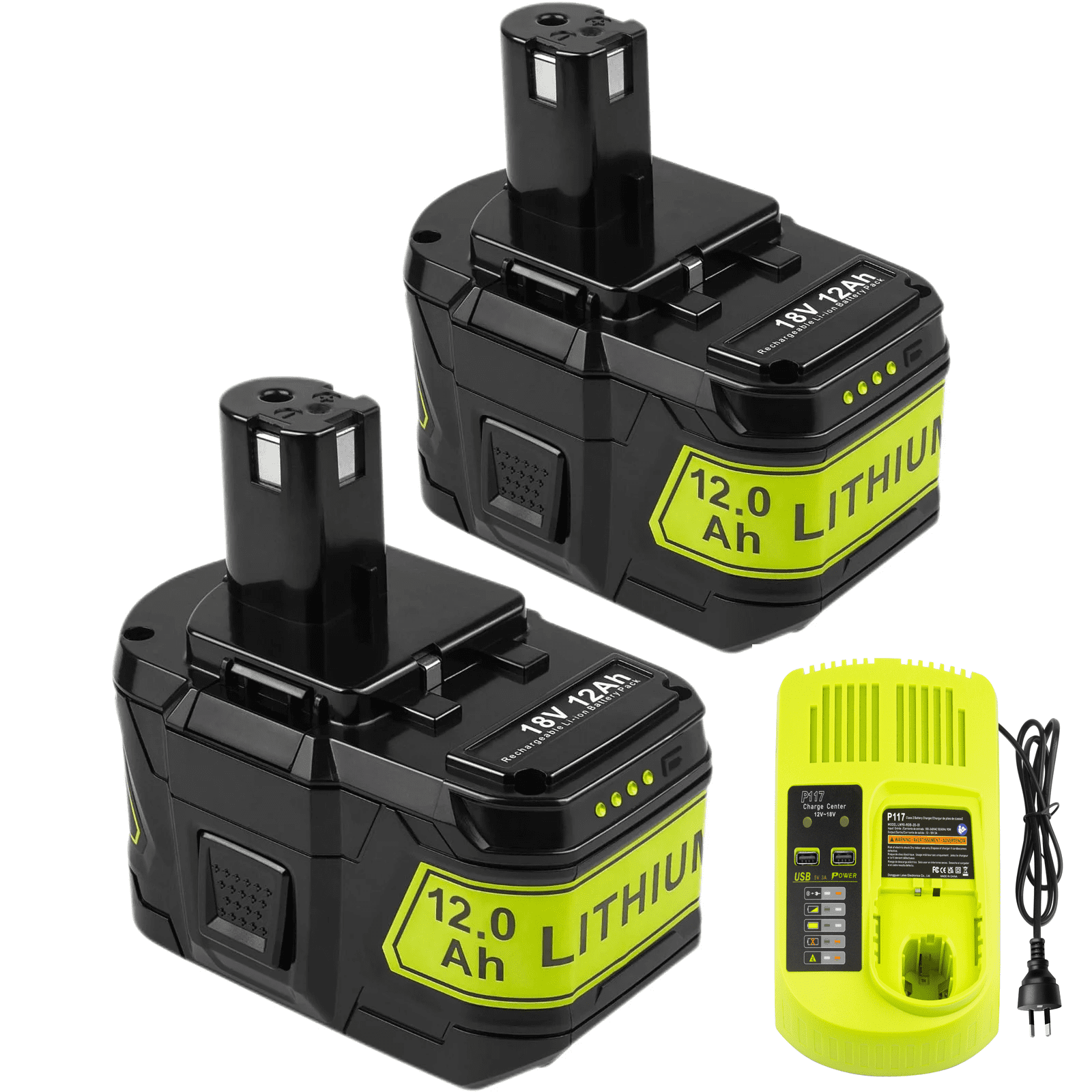 2Packs 12.0 Ah Battery Replacement for Ryobi 18V ONE+ Battery One Plus P102 P103 P104 P105 P107 P108 P109 P190 P122 18V Lithium Batteries Replacement with P117 Battery Charger for Ryobi