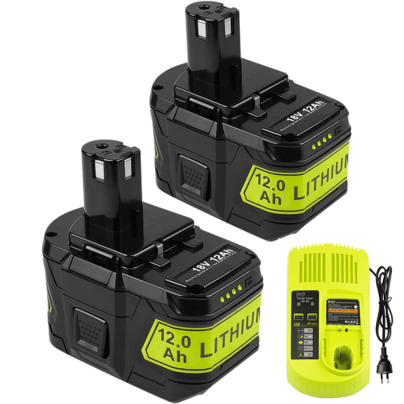 2Packs 12.0 Ah Battery Replacement for Ryobi 18V ONE+ Battery One Plus P102 P103 P104 P105 P107 P108 P109 P190 P122 18V Lithium Batteries Replacement with P117 Battery Charger for Ryobi