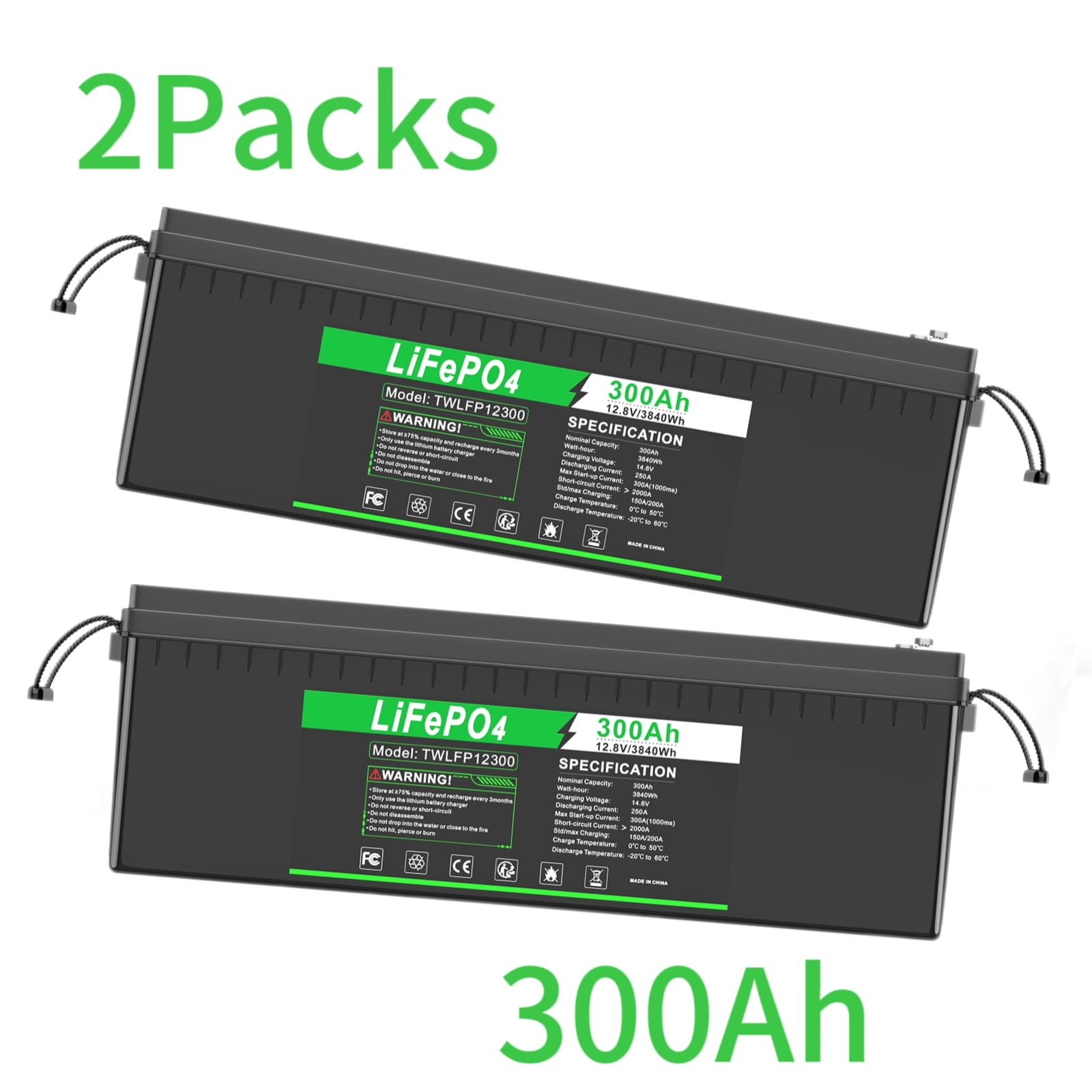 2Packs 12V 300Ah LiFePO4 Lithium Battery, 12.8V Energy LiFePO4 Battery