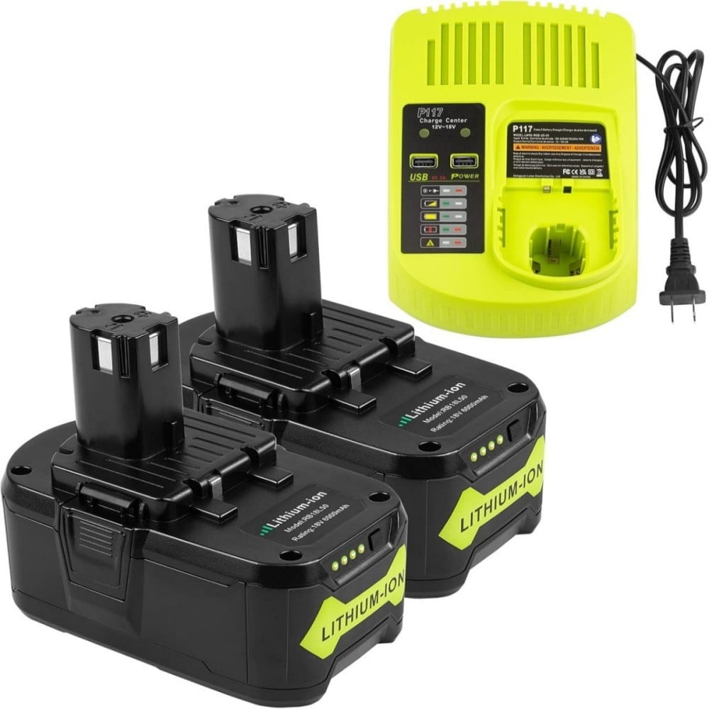 2Packs 18V 5.0Ah Battery Replacement and P117 Charger for Ryobi 18V Battery P102 P105