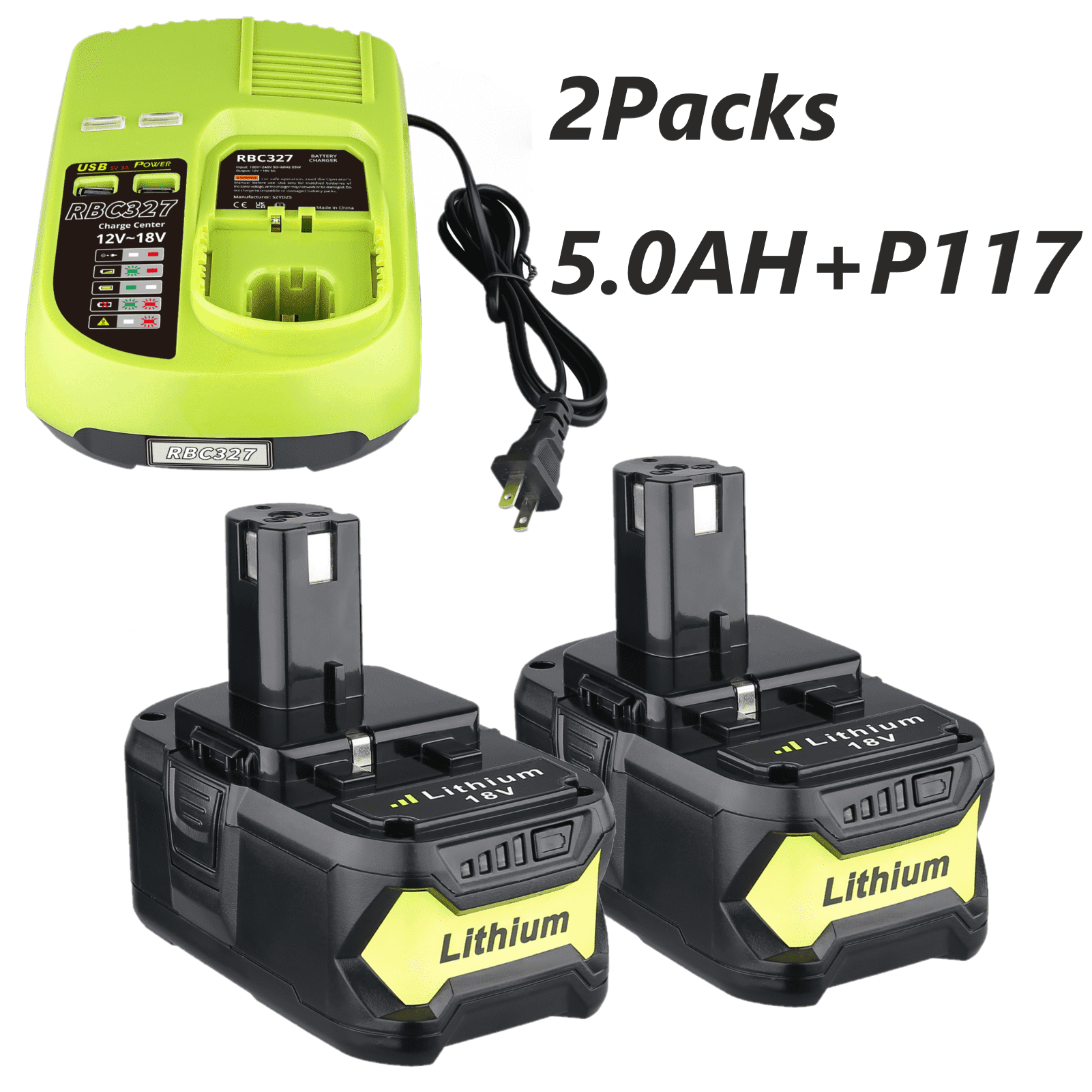2Packs 18V 5.0Ah Replacement Ryobi P108 Battery and P117B Dual Chemistry Charger for Lithium Ion ONE+ Plus P122 ABP1801 BCP1817/2SM BPP-1813 BPP-1815