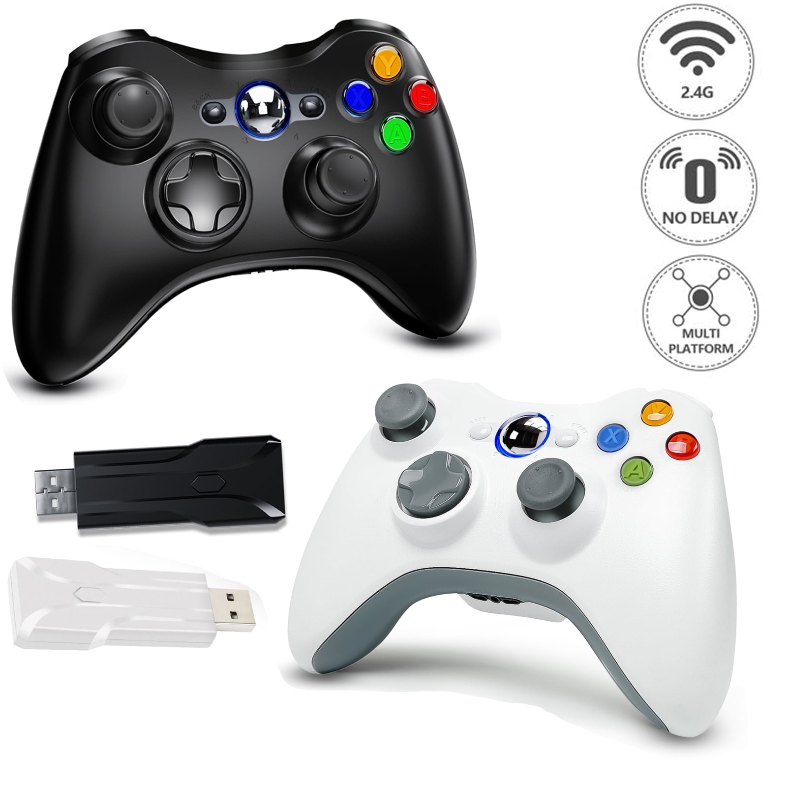 2 Packs Xbox 360 Controller - Wireless Remote Controller Gamepad with Non-Slip Joystick Thumb Grips for Xbox 360 Slim, PC (White+Black)