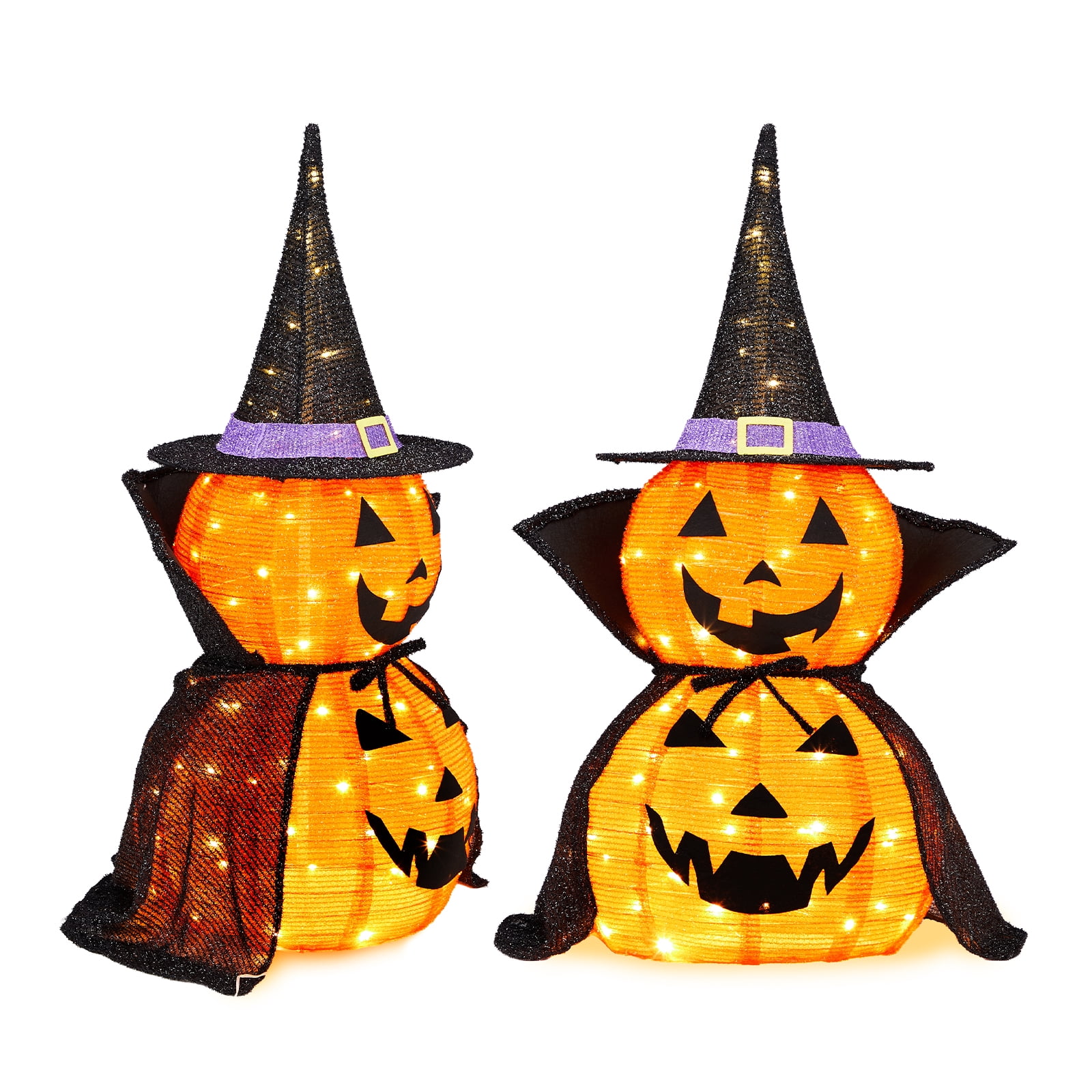 2Packs 3ft Collapsible Lighted Jack-O-Lantern Halloween Decor 176 LED Pop-Up Pumpkin Lamp Wizard Hat Cape Metal Frame For Indoor Outdoor Yard Decor
