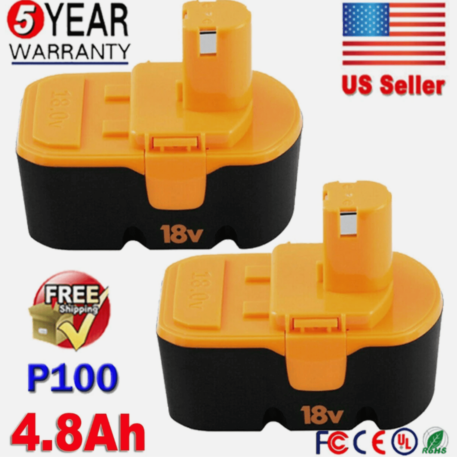2Packs 4800mAh P100 Battery Replacement for Ryobi 18V Battery NI-MH P101 ABP1803 BPP1820 1322401 1400672 13022 Battery