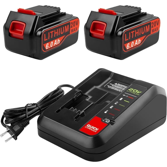 2Packs 6.0Ah 20v Lithium Battery Replacement for Black and Decker with Battery Charger Compatible with LBXR20, LBXR20B, LBXR20-OPE, LBXR2020, LBXR20, LB20, LBX20, LB2X4020 Cordless Tool