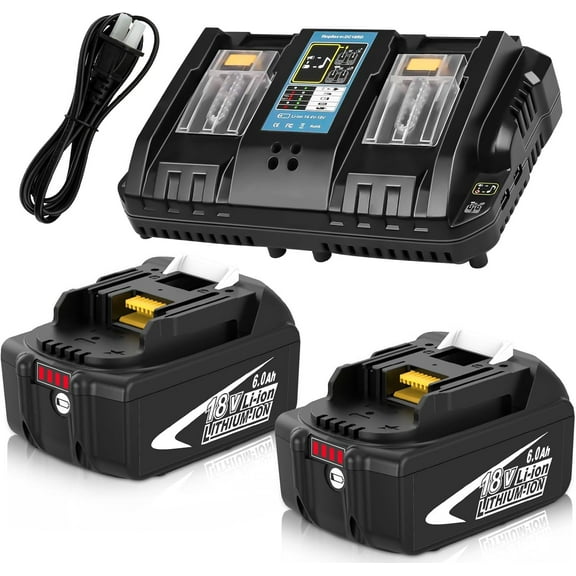 2Packs 6000mAh BL1860B 18 Volt Battery and DC18RD Dual Port Charger Compatible with Makita 18V Battery Lithium BL1815 BL1820 BL1830 BL1840 BL1850 BL1850B BL1860 LXT-400 with LED Indicator