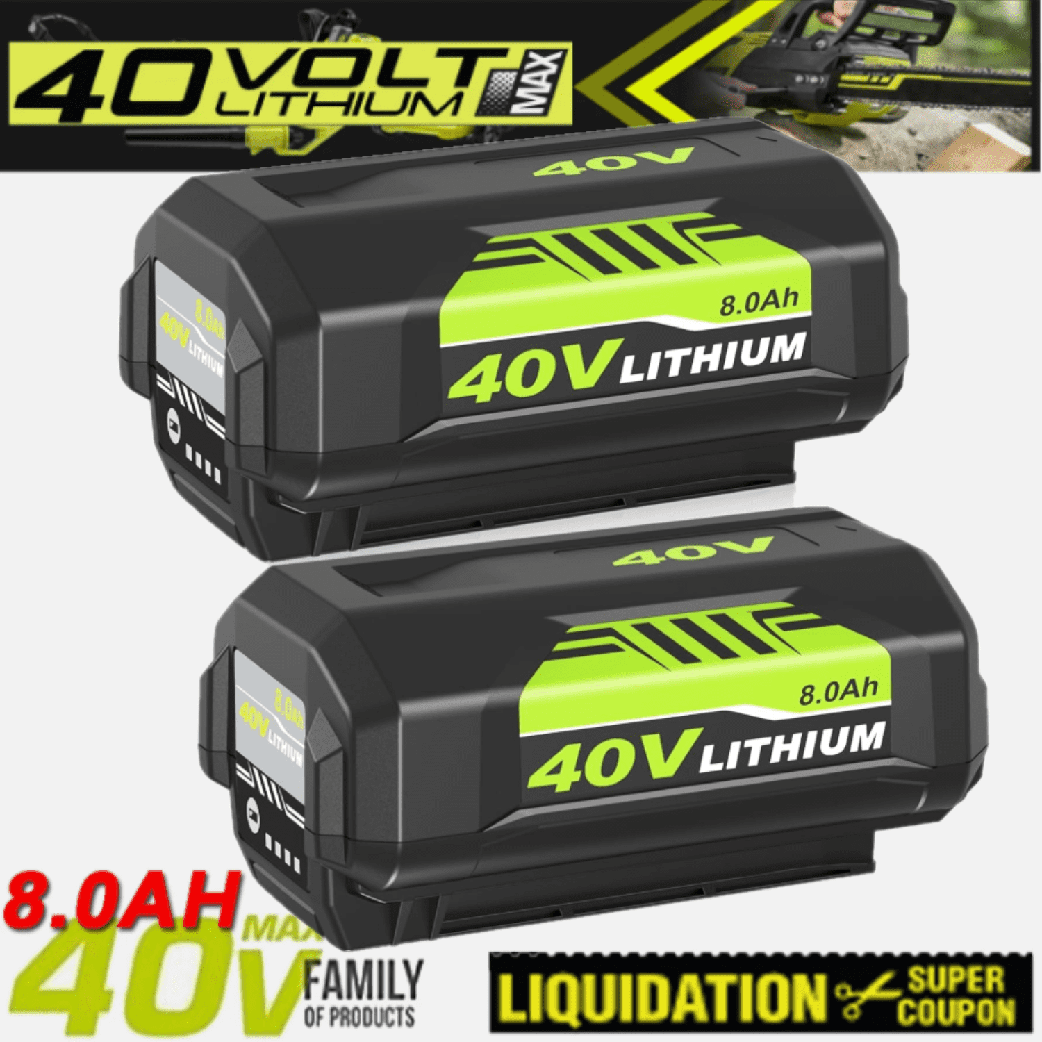 2Packs 8.0Ah Replacement for Ryobi 40V Battery Compatible with OP4026 OP40601 OP4050A OP4040 40V Cordless Power Tools