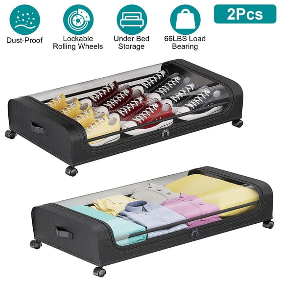 2Packs Under Bed Storage Containers Rolling Clothing Organizer 42L/11Gal Under Bed Drawers with Clear Lid 360 °   Lockable Rolling Wheels Strap Handles