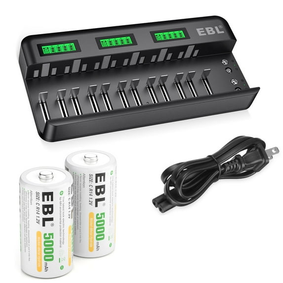 2Packs C Rechargeable Batteries 5000mAh NiMh with 12+2 Bay AA AAA C D Ni-MH Ni-CD Battery Charger