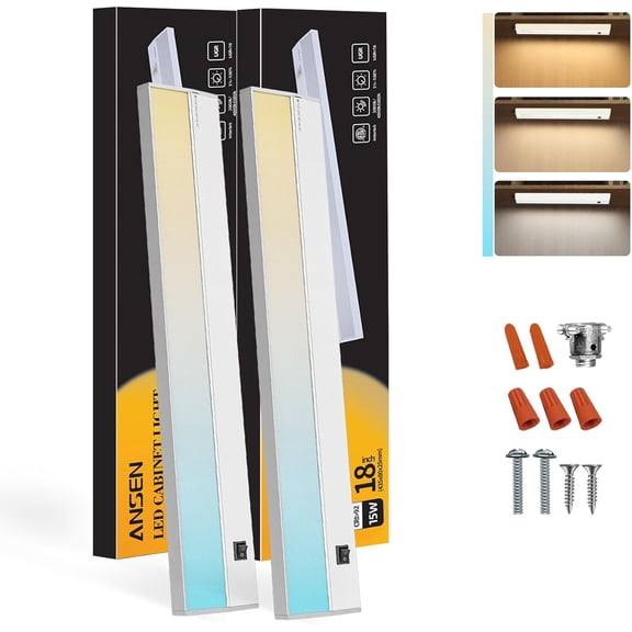 2Packs of Under Cabinet Lighting Hardwired, 18in 15W 998LM Dimmable Led Light for Kitchen/Closet, CRI 92+, R9 90+, 3 Color Temperature, 3000K/4000K/5000K(Warm White, Cool White, Daylight)