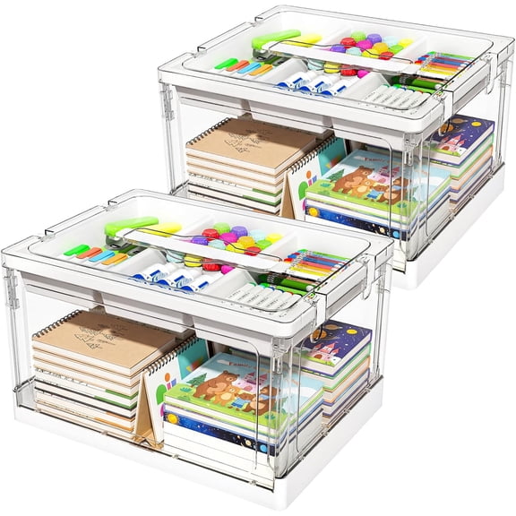 2Packs Clear Craft Organizers and Storage with Trays, Art Supply Organizer and Storage, Craft Storage Box with Lid for Beads, Markers, Coloring Books, Sewing, Playdoh and Tools