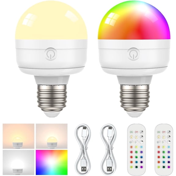 2Packs E27 Rechargeable Light Bulbs with Remote, 5W 450lm Battery Operated Magnetic Light Bulbs 2500mAh, 15 RGB Color, Timer, Dimmer for Non-Hardwired Lamp