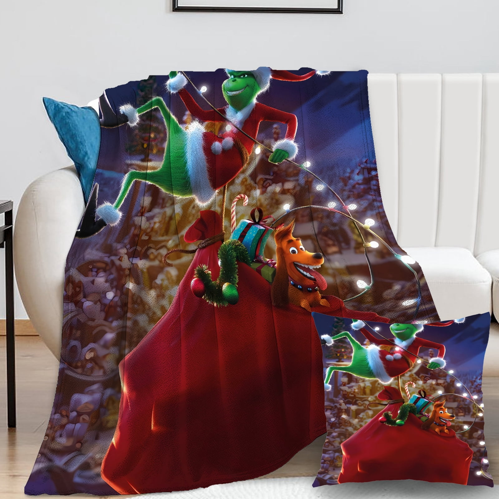 2Packs Grinch Blanket with Grinch Pillow Case Comfort Microfiber Boy