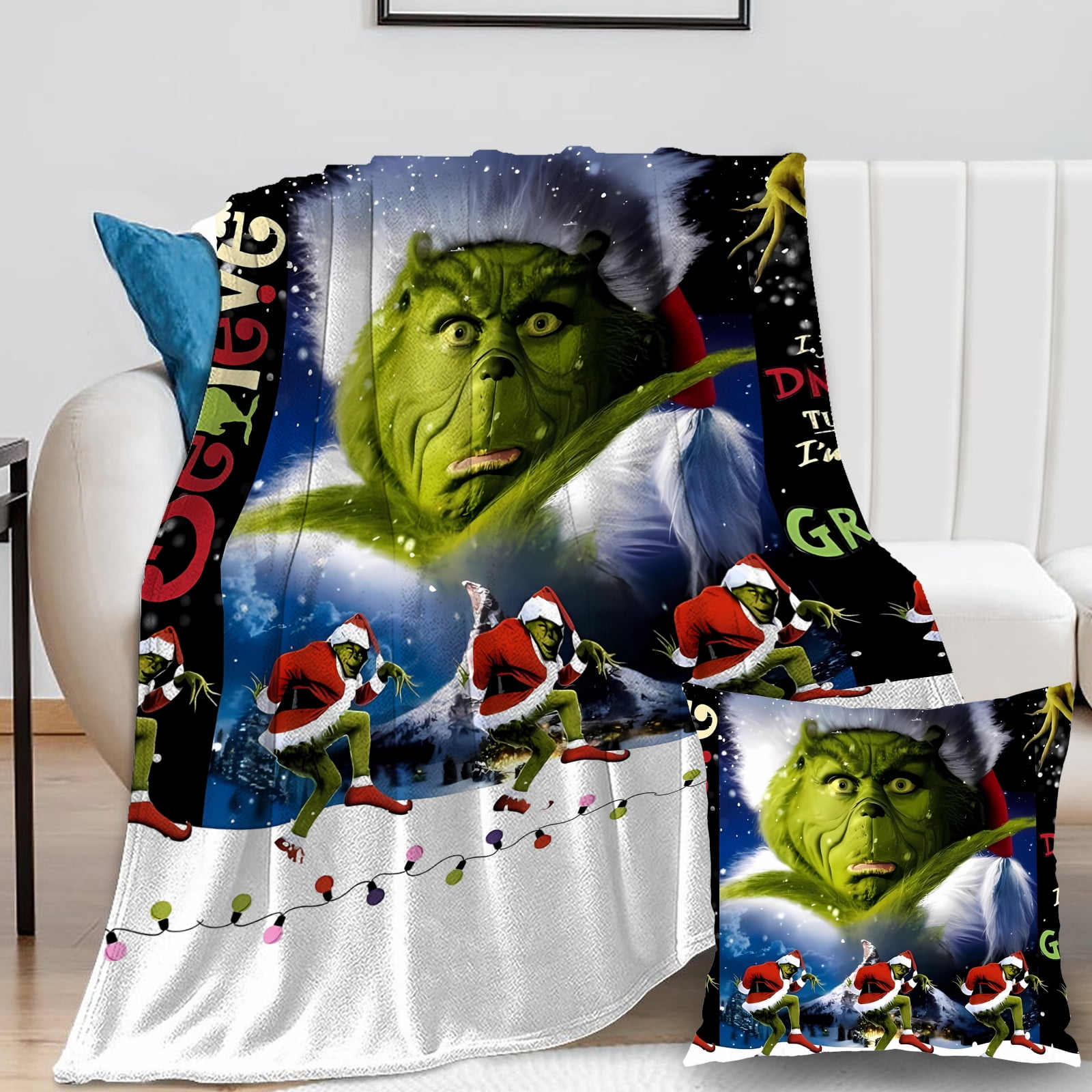 2Packs Grinch Blanket with Grinch Pillow Case Comfy Fleece Boy