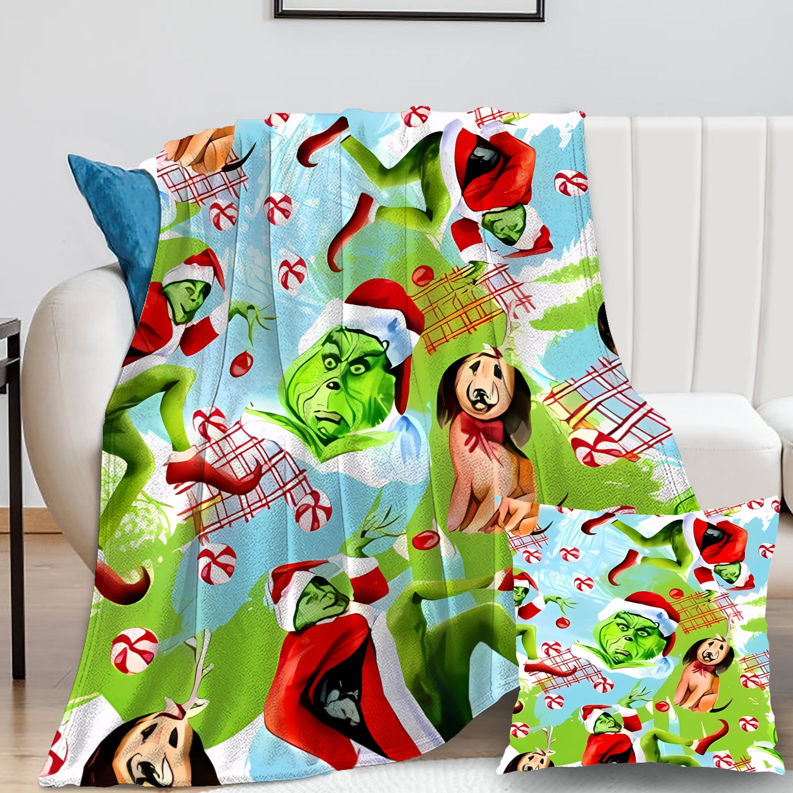 2Packs Grinch Blanket with Grinch Pillow Case Cooling Plush Adults