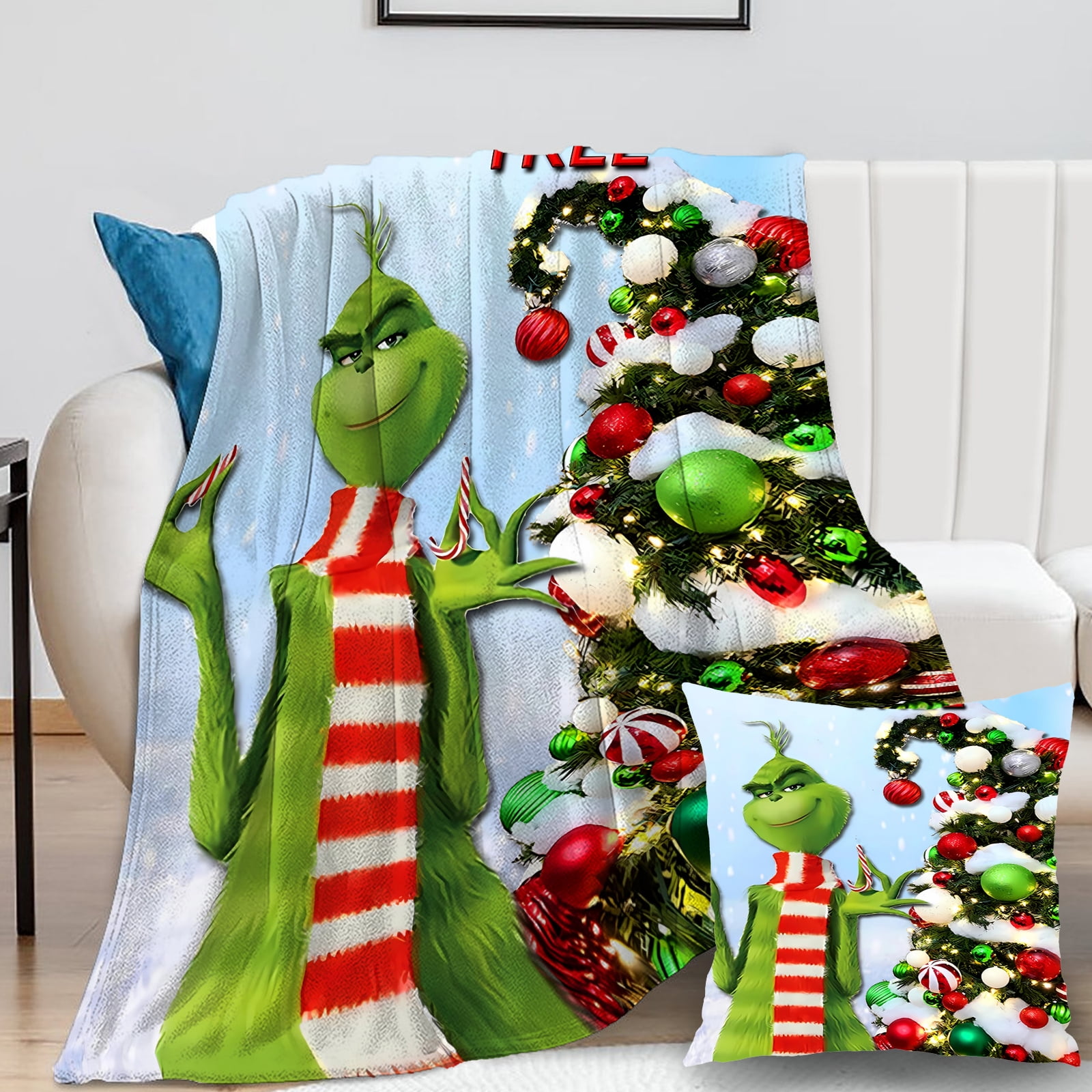 2Packs Grinch Blanket with Grinch Pillow Case Soft Plush men/women