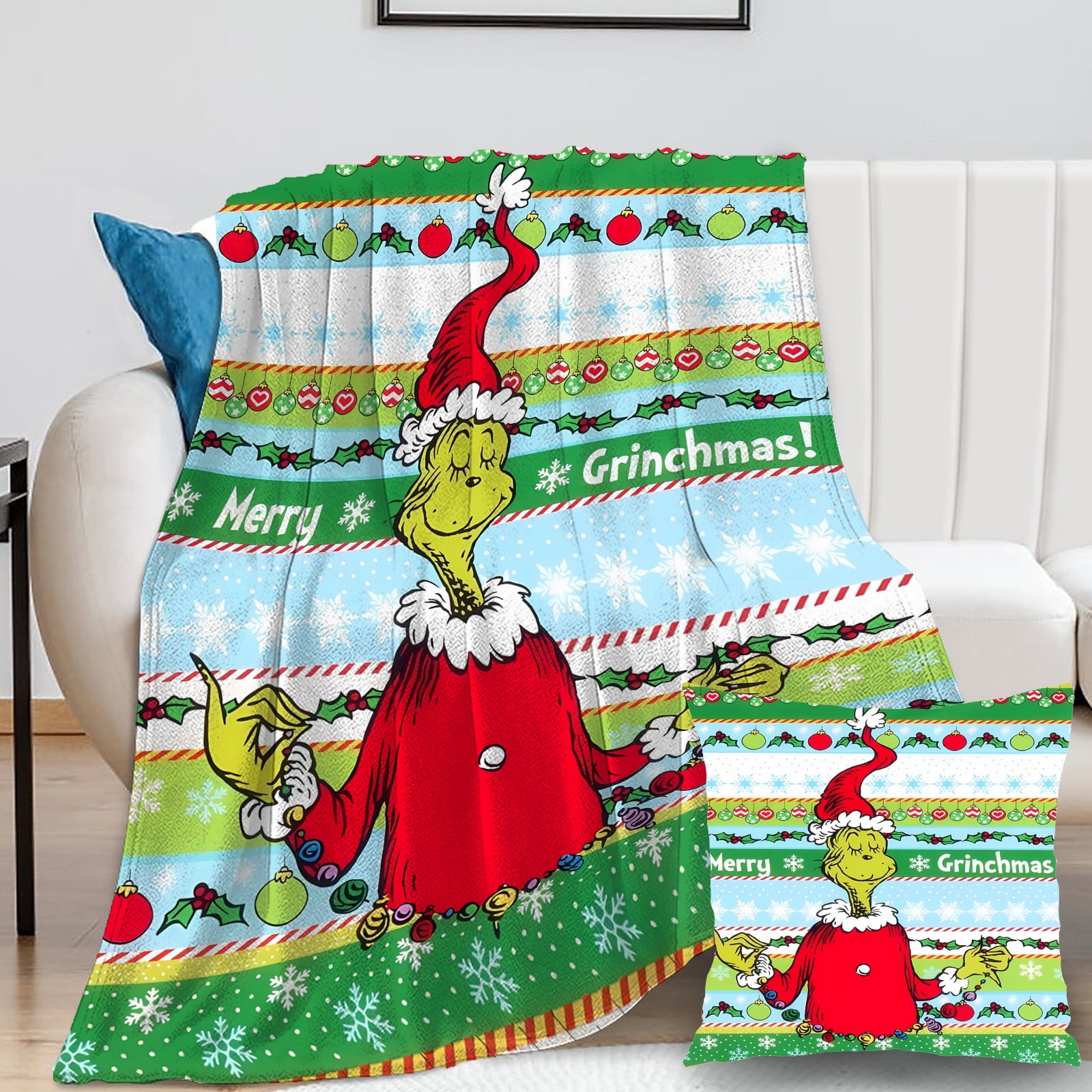 2Packs Grinch Blanket with Grinch Pillow Case Thermal Microfiber Teens