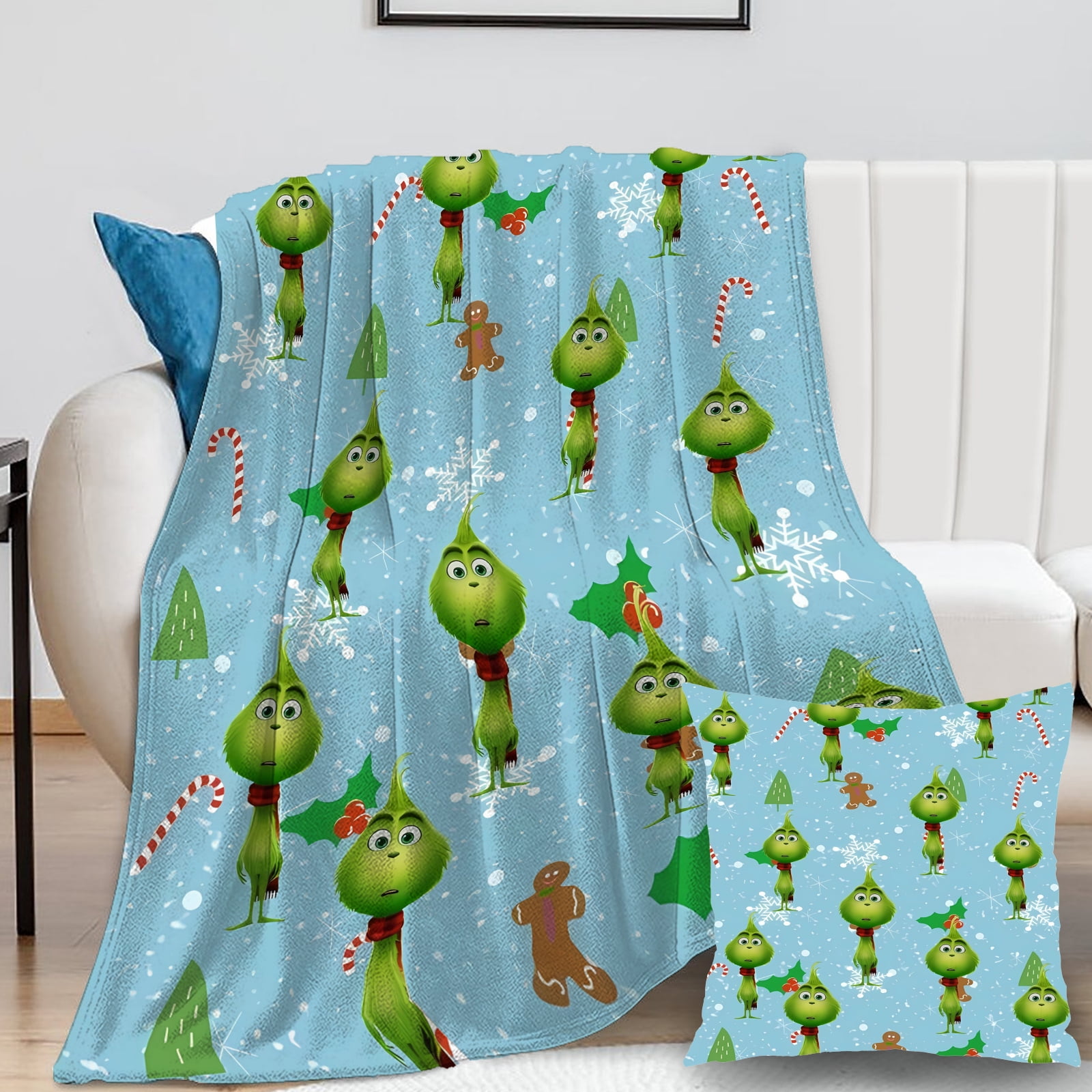 2Packs Grinch Blanket with Grinch Pillow Case Thin Fleece Adult