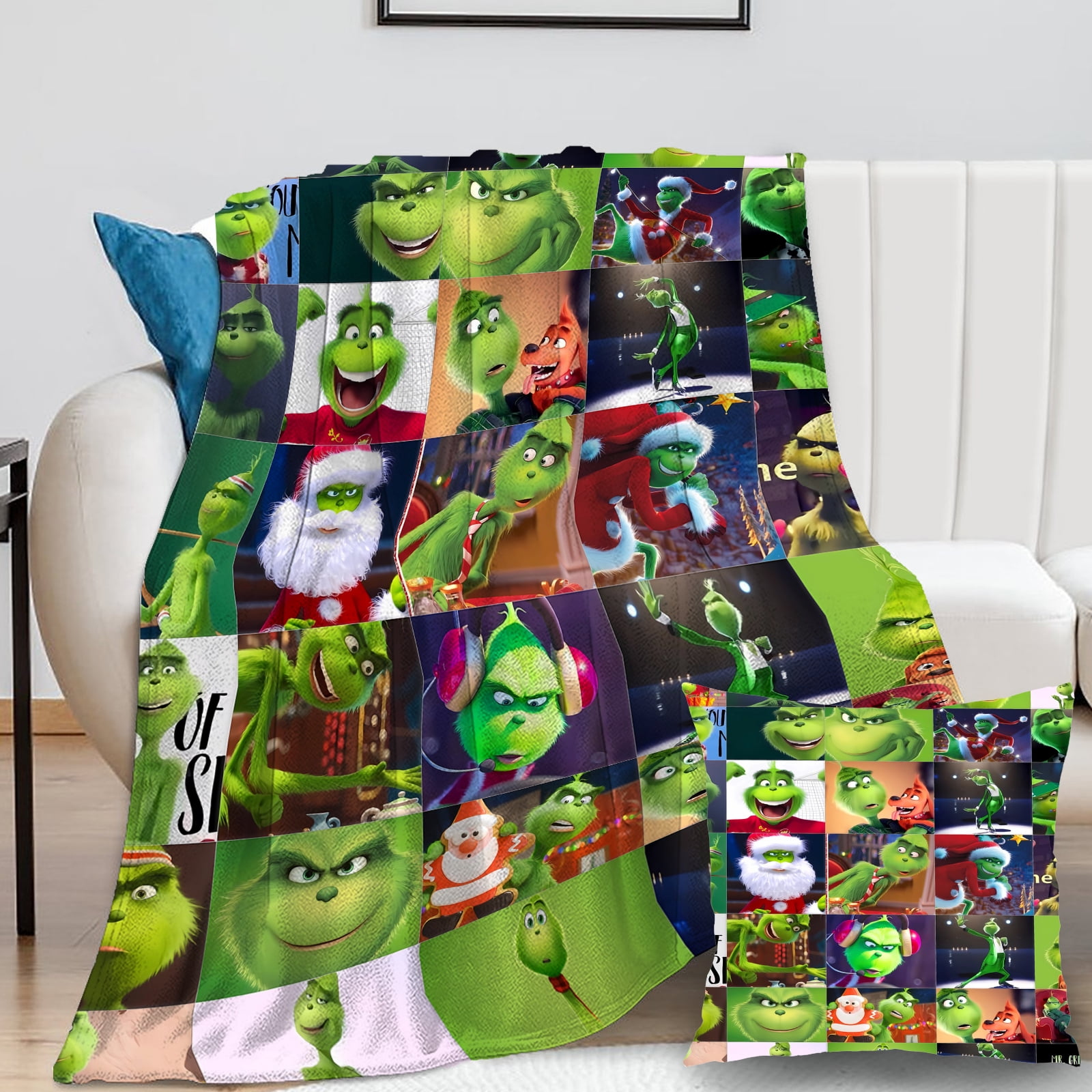 2Packs Grinch Blanket with Grinch Pillow Case Warmth Fleece Women/Men