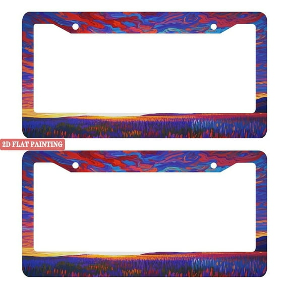 2Packs License Plate Frames with Colorful Sunset Prairie Landscape Pattern Includes Screws & Caps Full Accessories Included Size 6.3x12.2inch(16x31cm)