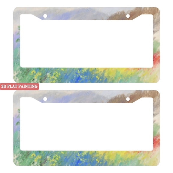 2Packs License Plate Frames with Impressionist Flower Field and Mountains Landscape Pattern Includes Screws & Caps Full Accessories Included Size 6. 3x12. 2inch(16x31cm)