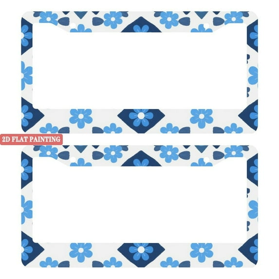 2Packs License Plate Frames with Blue Floral Geometric Pattern Includes Screws & Caps Full Accessories Included Size 6.3x12.2inch(16x31cm)