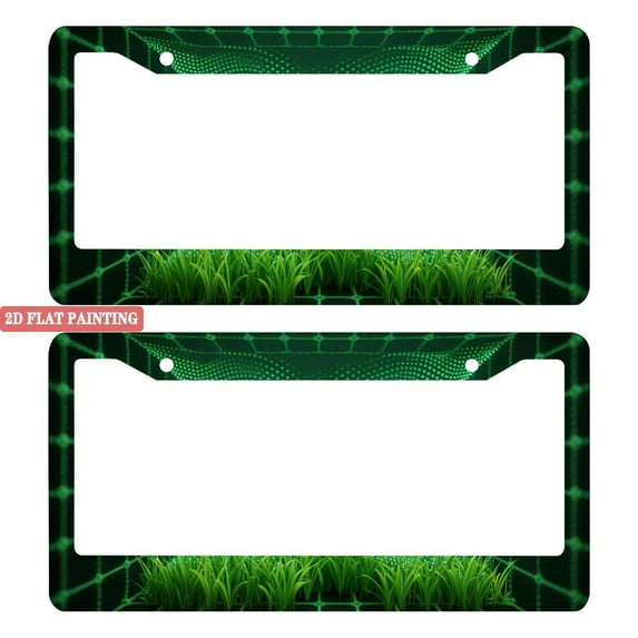 2Packs License Plate Frames with Green Tech and Grass Pattern Includes Screws & Caps Full Accessories Included Size 6.3x12.2inch(16x31cm)