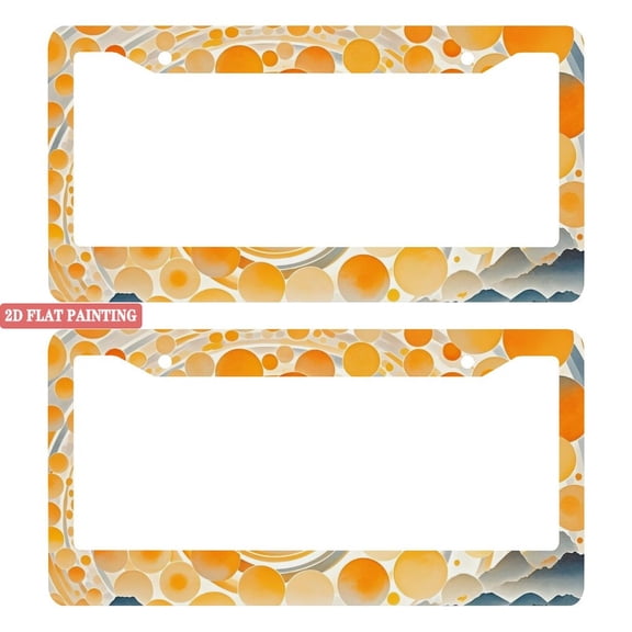 2Packs License Plate Frames with Orange Circle and Mountain Pattern Includes Screws & Caps Full Accessories Included Size 6.3x12.2inch(16x31cm)