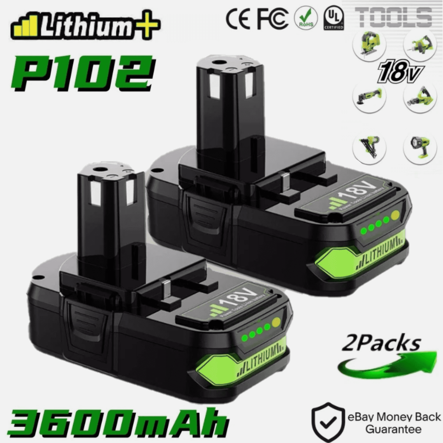 2Packs P102 3.6Ah Battery Compatible with Ryobi 18v Battery P108 P102 P103 P104 P105 P107 P109 P122 P145 Replacement 18 Volt ryobi Battery
