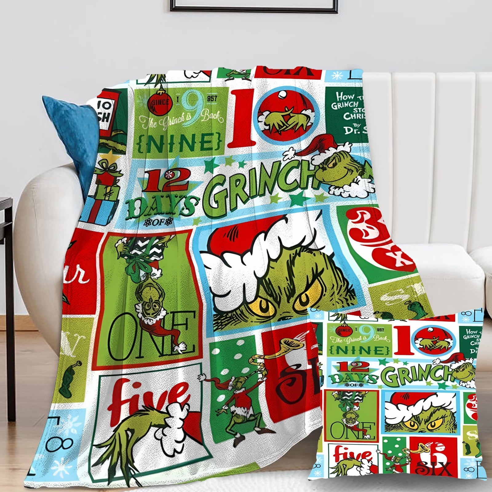 2Packs/Set Grinch Blanket with Grinch Pillow Case Comfortable Fleece