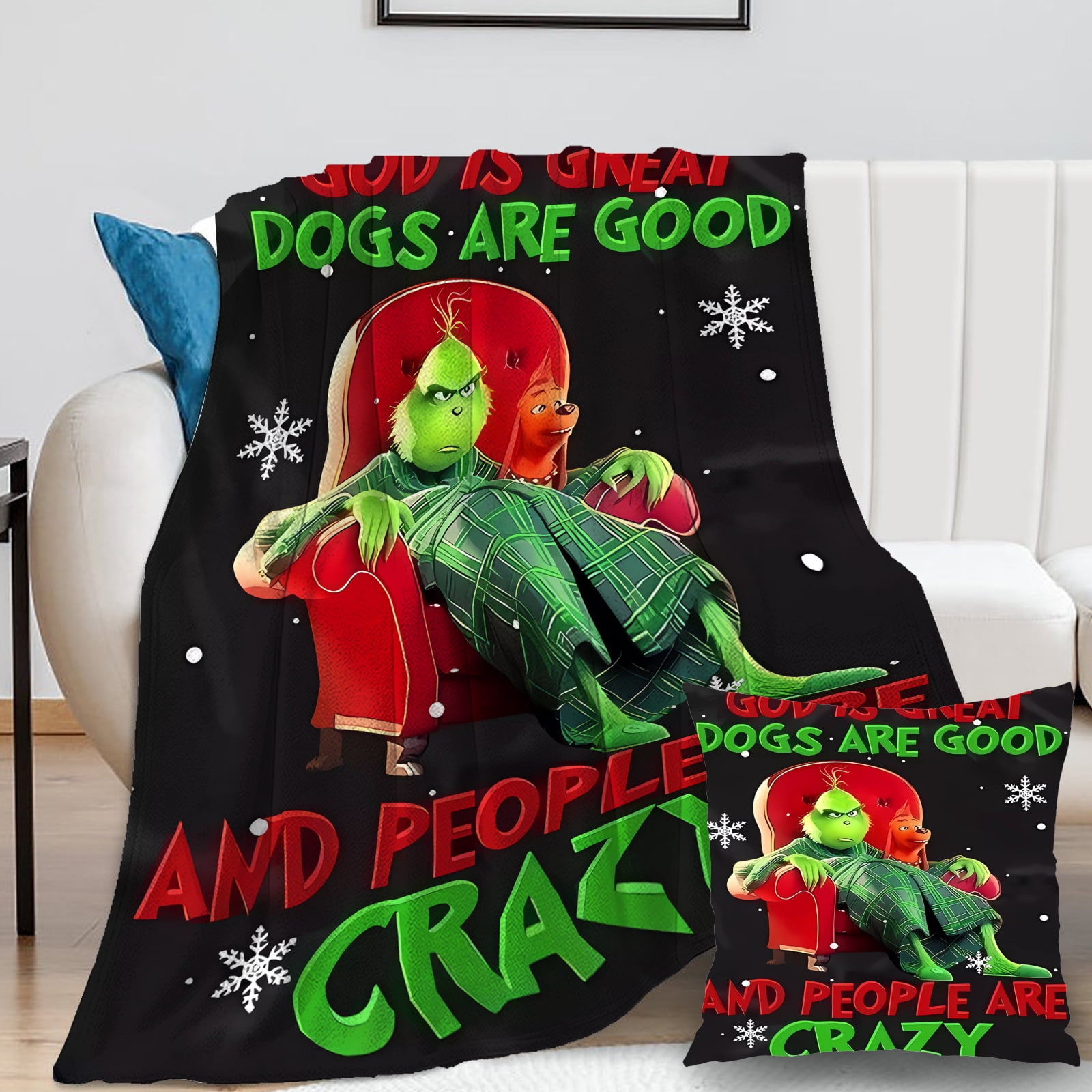 2Packs/Set Grinch Blanket with Grinch Pillow Case Comfortable Plush