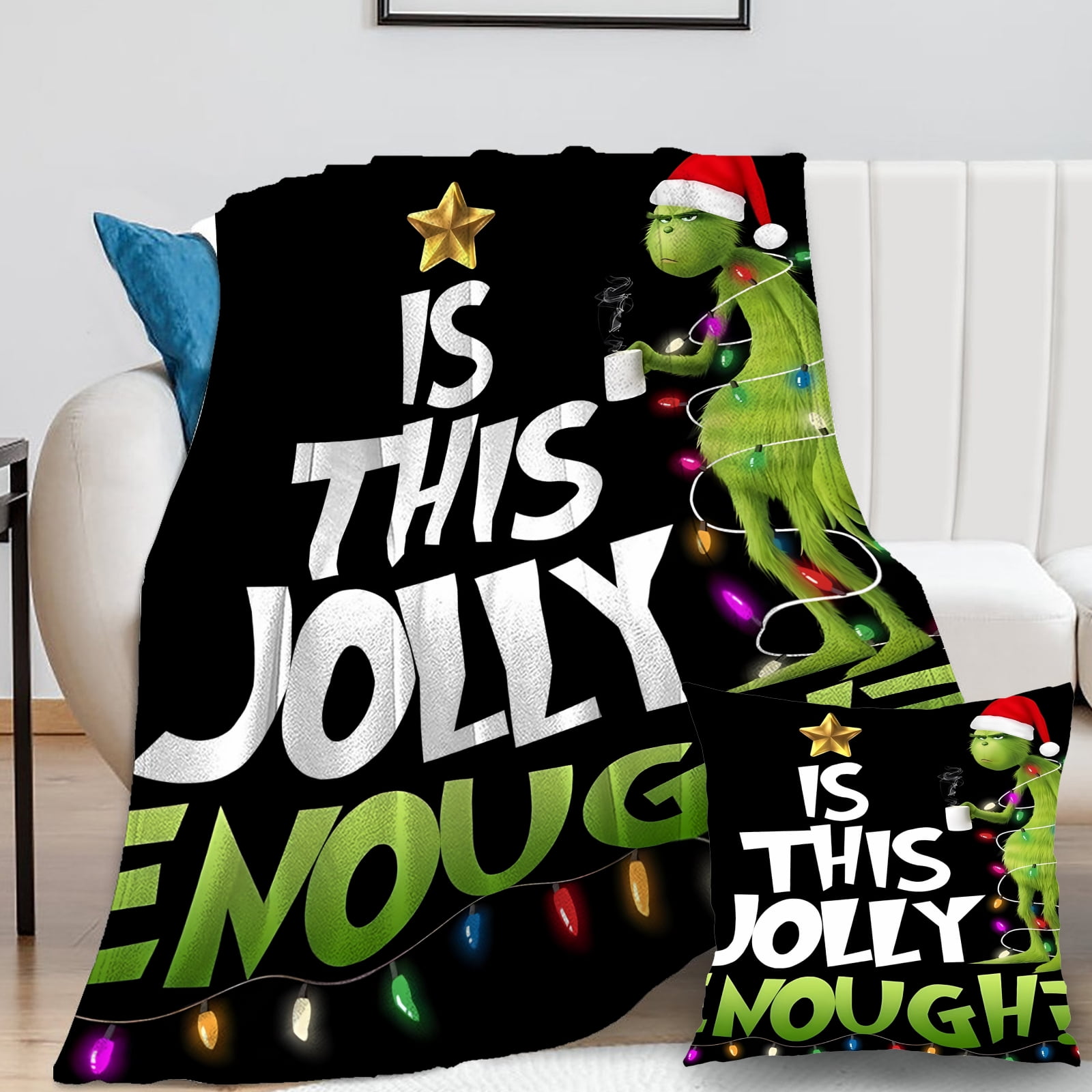 2Packs/Set Grinch Blanket with Grinch Pillow Case Layering Microfiber